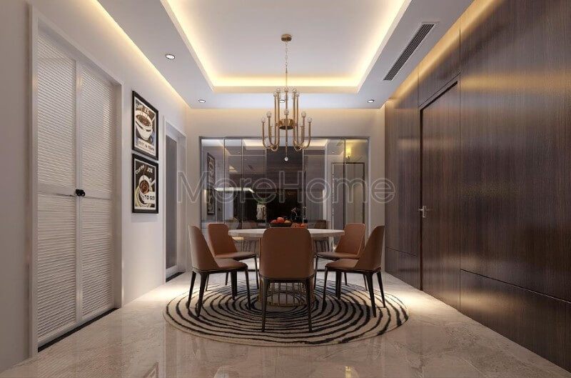 Phòng ăn chung cư hiện đại và tiện lợi được trang bị với chất liệu gỗ công nghiệp.